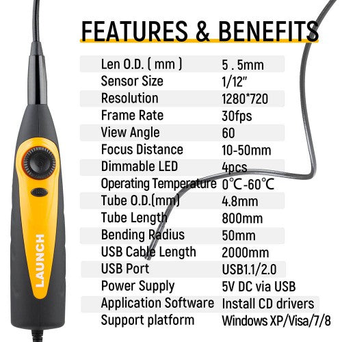 Launch X431 VSP100 Video Scope Support LAUNCH X-431 Scanners and All Android and IOS Device